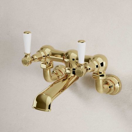 Linton Wall Mounted 2 Hole Bath Filler - White Lever - Timeless Brass