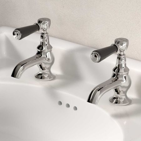 Linton 1/2BSP Basin Pillar Taps Black Lever Nickel