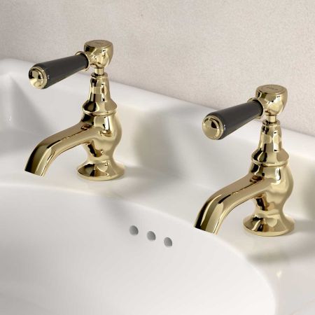 Linton Deck Mounted Basin Pillar Taps - Black Lever - Timeless Brass