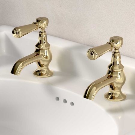 Linton Deck Mounted Basin Pillar Taps - Metal Lever - Timeless Brass