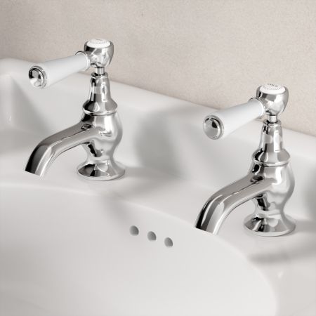 Linton Basin Pillar Taps with White Levers in Chrome