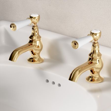 Linton 1/2BSP Basin Pillar Taps White Lever Living Brass