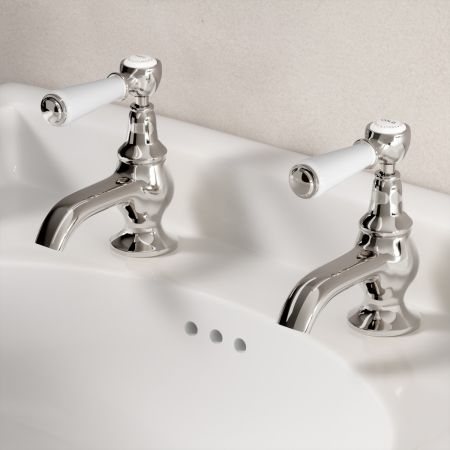 Linton Classic Basin Pillar Taps with White Levers in Polished Nickel