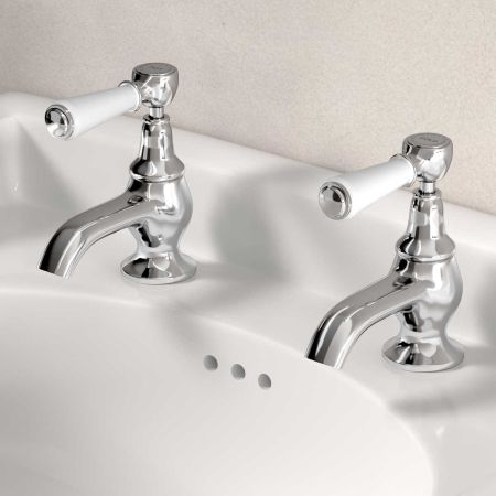 Linton 1/2BSP Basin Pillar Taps White Lever Chrome