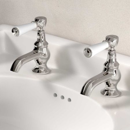 Linton 1/2BSP Basin Pillar Taps White Lever Nickel