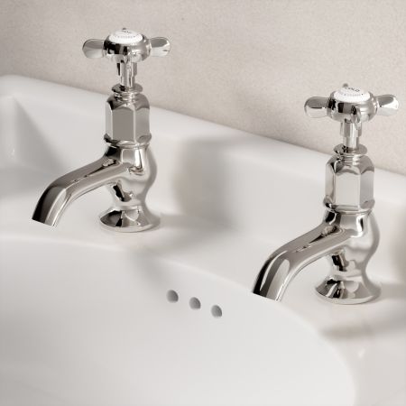 Linton Basin Pillar Taps with Crossheads in Polished Nickel