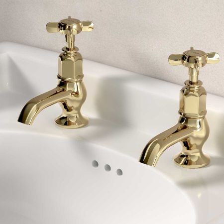 Linton Deck Mounted Basin Pillar Taps - Crosshead - Timeless Brass