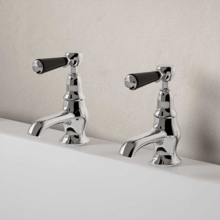Linton Deck Mounted Bath Pillar Taps - Black Lever