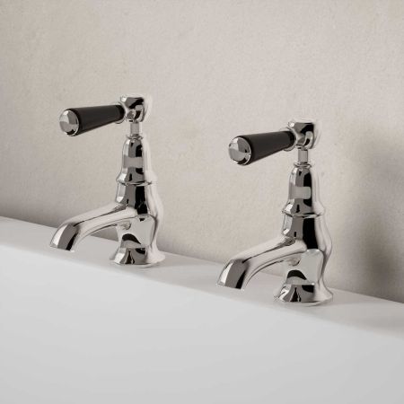 Linton Deck Mounted Bath Pillar Taps - Black Lever - Polished Nickel