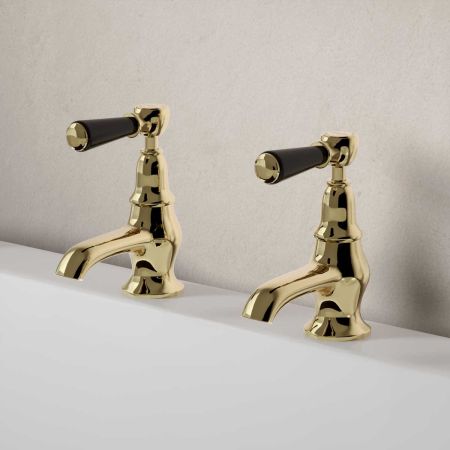 Linton Deck Mounted Bath Pillar Taps - Black Lever - Timeless Brass