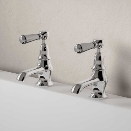 Linton Deck Mounted Bath Pillar Taps - Metal Lever - Chrome