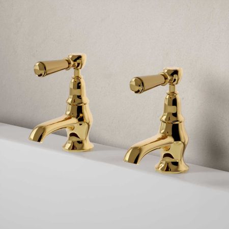 Linton Deck Mounted Bath Pillar Taps - Metal Lever - Living Brass