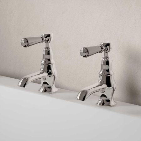 Linton Deck Mounted Bath Pillar Taps - Metal Lever - Polished Nickel