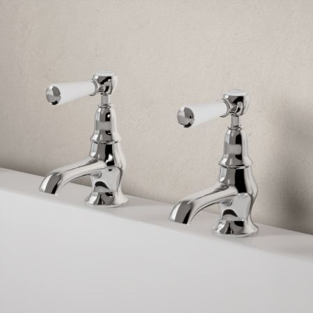 Linton Bath Pillar Taps with White Levers in Chrome