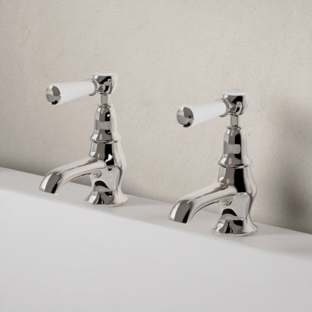 Linton Bath Pillar Taps with White Levers in Polished Nickel