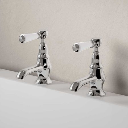 Linton Deck Mounted Bath Pillar Taps - White Lever - Chrome