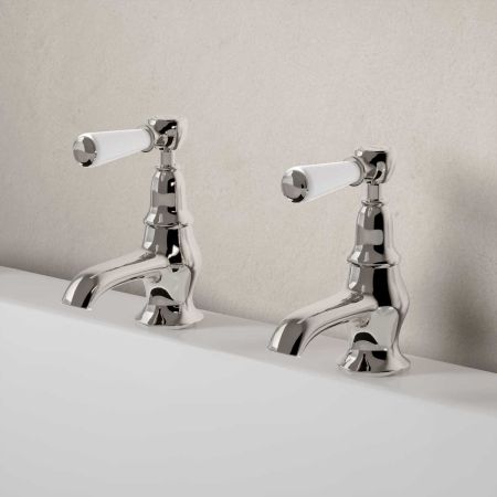 Linton Deck Mounted Bath Pillar Taps - White Lever
