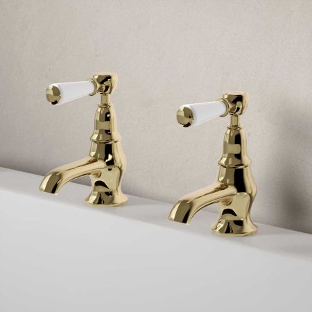 Linton Deck Mounted Bath Pillar Taps - White Lever - Timeless Brass