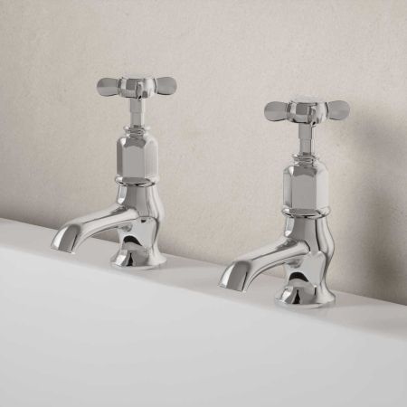 Linton Deck Mounted Bath Pillar Taps - Crosshead - Chrome