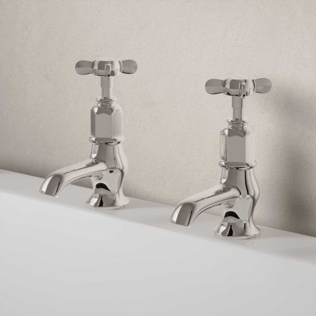 Linton Deck Mounted Bath Pillar Taps - Crosshead - Polished Nickel