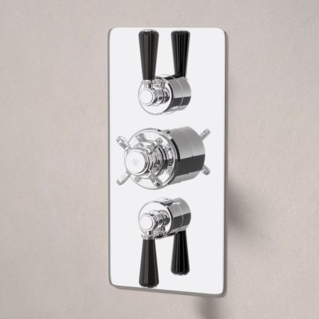 Linton Dual Outlet Concealed Shower with Handshower Hook, 210mm Ceiling Arm & 6" Rose - Black Lever - Chrome