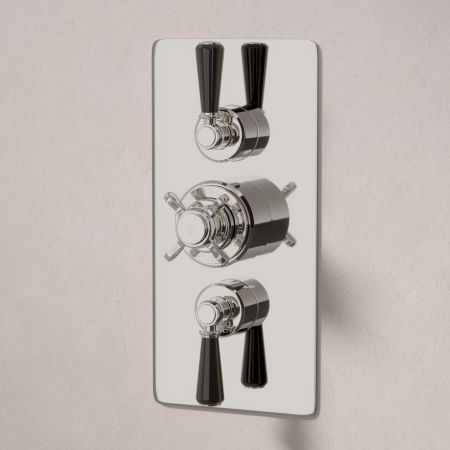 Linton Dual Outlet Concealed Shower with Handshower Hook, 210mm Ceiling Arm & 6" Rose - Black Lever - Polished Nickel