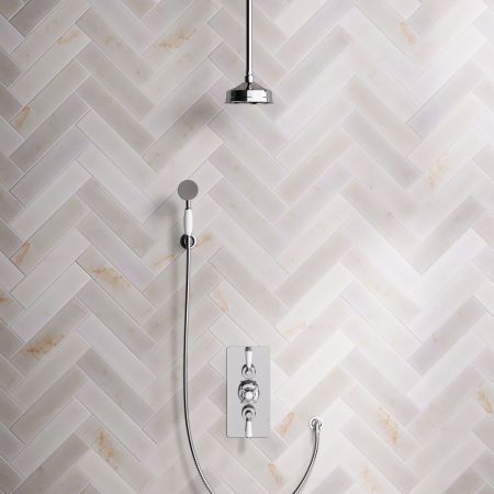 Linton Dual Outlet Concealed Shower with Handshower Hook, 210mm Ceiling Arm, 6" Rose & White Levers in Chrome
