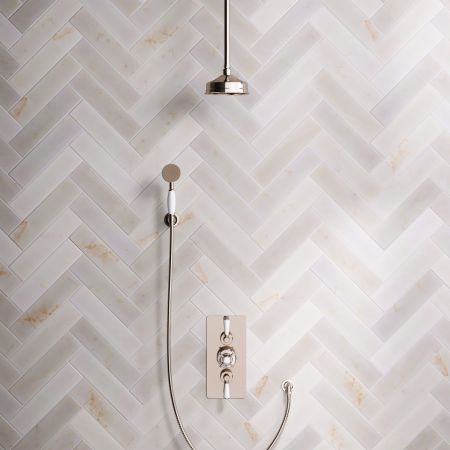 Linton Dual Outlet Concealed Shower with Handshower Hook, 210mm Ceiling Arm, 6" Rose & White Levers in Polished Nickel