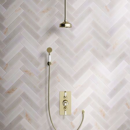 Calder Dual Outlet Shower Kit - Concealed Valve - 6 inch Rose - White Ceramic Lever - Handshower Hook - Ceiling Mounted Rose - Timeless Brass
