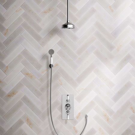 Calder Dual Outlet Shower Kit - Concealed Valve - 6 inch Rose - White Ceramic Lever - Handshower Hook - Ceiling Mounted Rose - Chrome Finish