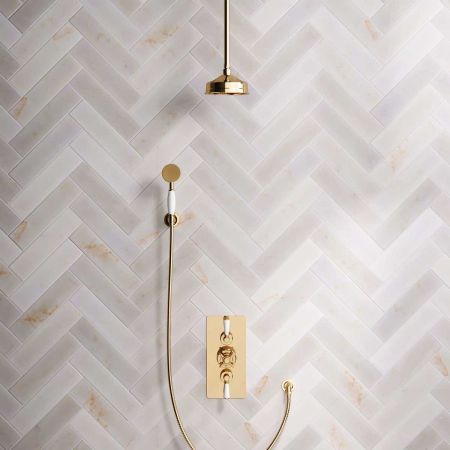 Calder Dual Outlet Shower Kit - Concealed Valve - 6 inch Rose - White Ceramic Lever - Handshower Hook - Ceiling Mounted Rose - Living Brass