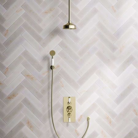 Calder Dual Outlet Shower Kit - Concealed Valve - 6 inch Rose - White Ceramic Lever - Handshower Hook - Ceiling Mounted Rose - Timeless Brass