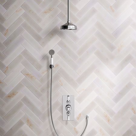 Linton Dual Outlet Concealed Shower with Handshower Hook, 210mm Ceiling Arm, 8" Rose & White Levers in Chrome