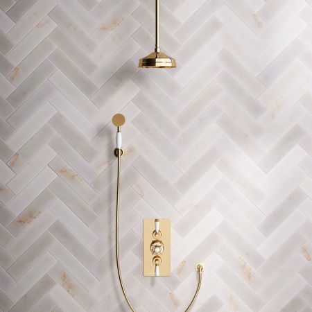 Calder Dual Outlet Shower Kit - Concealed Valve - 8 inch Rose - White Ceramic Lever - Handshower Hook - Ceiling Mounted Rose - Living Brass