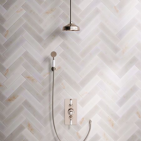 Linton Dual Outlet Concealed Shower with Handshower Hook, 210mm Ceiling Arm, 8" Rose & White Levers in Polished Nickel
