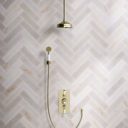 Calder Dual Outlet Shower Kit - Concealed Valve - 8 inch Rose - White Ceramic Lever - Handshower Hook - Ceiling Mounted Rose - Timeless Brass
