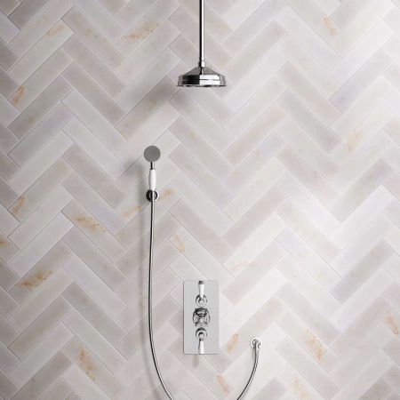 Linton Dual Outlet Concealed Shower with Handshower Hook, 210mm Ceiling Arm & 8" Rose - White Lever - Chrome