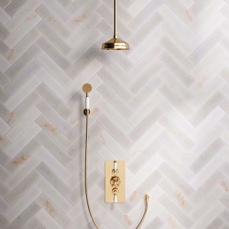 Calder Dual Outlet Shower Kit - Concealed Valve - 8 inch Rose - White Ceramic Lever - Handshower Hook - Ceiling Mounted Rose - Living Brass