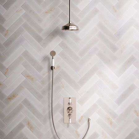 Calder Dual Outlet Shower Kit - Concealed Valve - 8 or 6 inch Rose - White Ceramic Lever - Handshower Hook