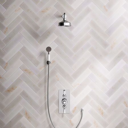Linton Dual Outlet Concealed Shower with Handshower Hook, 500mm Wall Arm, 6" Rose & White Levers in Chrome