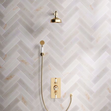 Calder Dual Outlet Shower Kit - Concealed Valve - 6 inch Rose - White Ceramic Lever - Handshower Hook - Living Brass