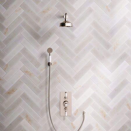 Linton Classic Dual Outlet Concealed Shower with Handshower Hook, 500mm Wall Arm, 6" Rose & White Levers in Polished Nickel