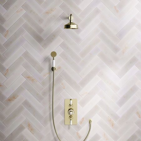 Linton Dual Outlet Concealed Shower with Handshower Hook, 500mm Wall Arm, 6" Rose & White Levers in Timeless Brass