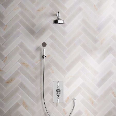 Calder Dual Outlet Shower Kit - Concealed Valve - 6 inch Rose - White Ceramic Lever - Handshower Hook - Chrome Finish