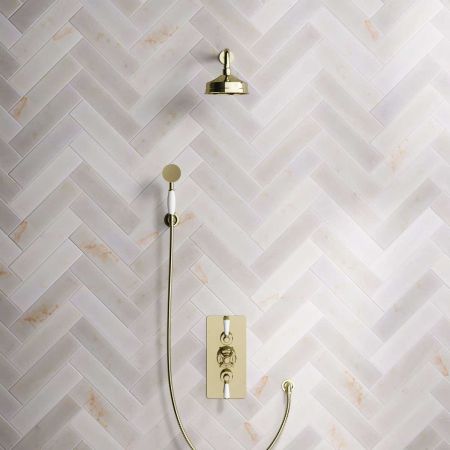 Linton Dual Outlet Concealed Shower with Handshower Hook, 500mm Wall Arm & 6" Rose - White Lever - Timeless Brass