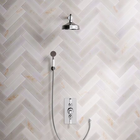 Linton Dual Outlet Concealed Shower with Handshower Hook, 500mm Wall Arm, 8" Rose & White Levers in Chrome