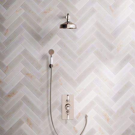 Linton Dual Outlet Concealed Shower with Handshower Hook, 500mm Wall Arm, 8" Rose & White Levers in Polished Nickel
