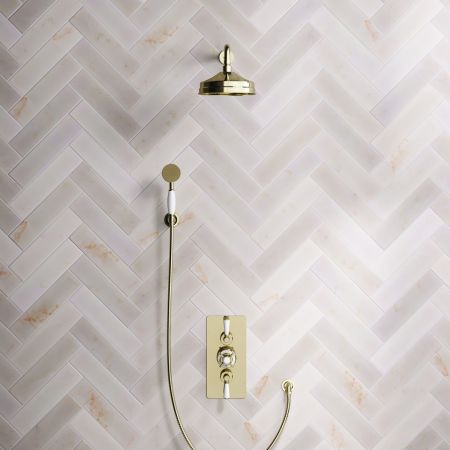 Calder Dual Outlet Shower Kit - Concealed Valve - 8 inch Rose - 500mm Shower Arm - White Ceramic Lever - Handshower Hook - Timeless Brass