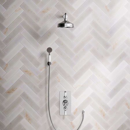 Calder Dual Outlet Shower Kit - Concealed Valve - 8 inch Rose - White Ceramic Lever - Handshower Hook - Chrome Finish