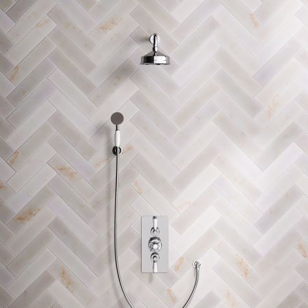 Linton Dual Outlet Concealed Shower with Handshower Hook, 300mm Wall Arm, 6" Rose & White Levers in Chrome